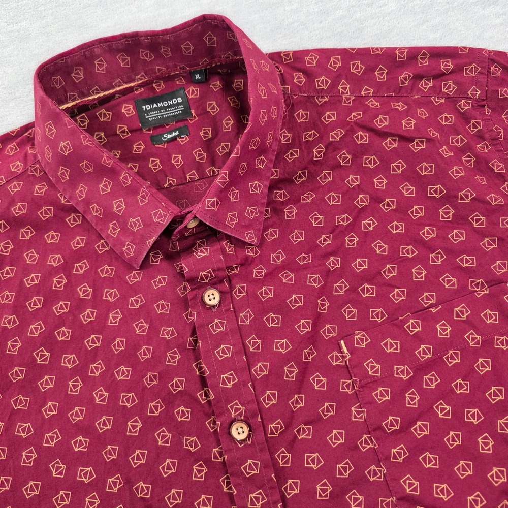 7 Diamonds Mens XL Burgundy Geometric Short Sleeve Stretch Button Down Shirt